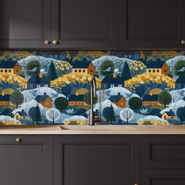 Keuken achterwand - Huisjes - Bloemen - Patroon - Geel - Blauw — 6