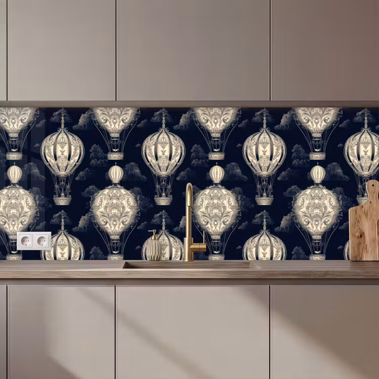 Keuken achterwand - Luchtballonnen - Wolken - Patroon - Donkerblauw — 1