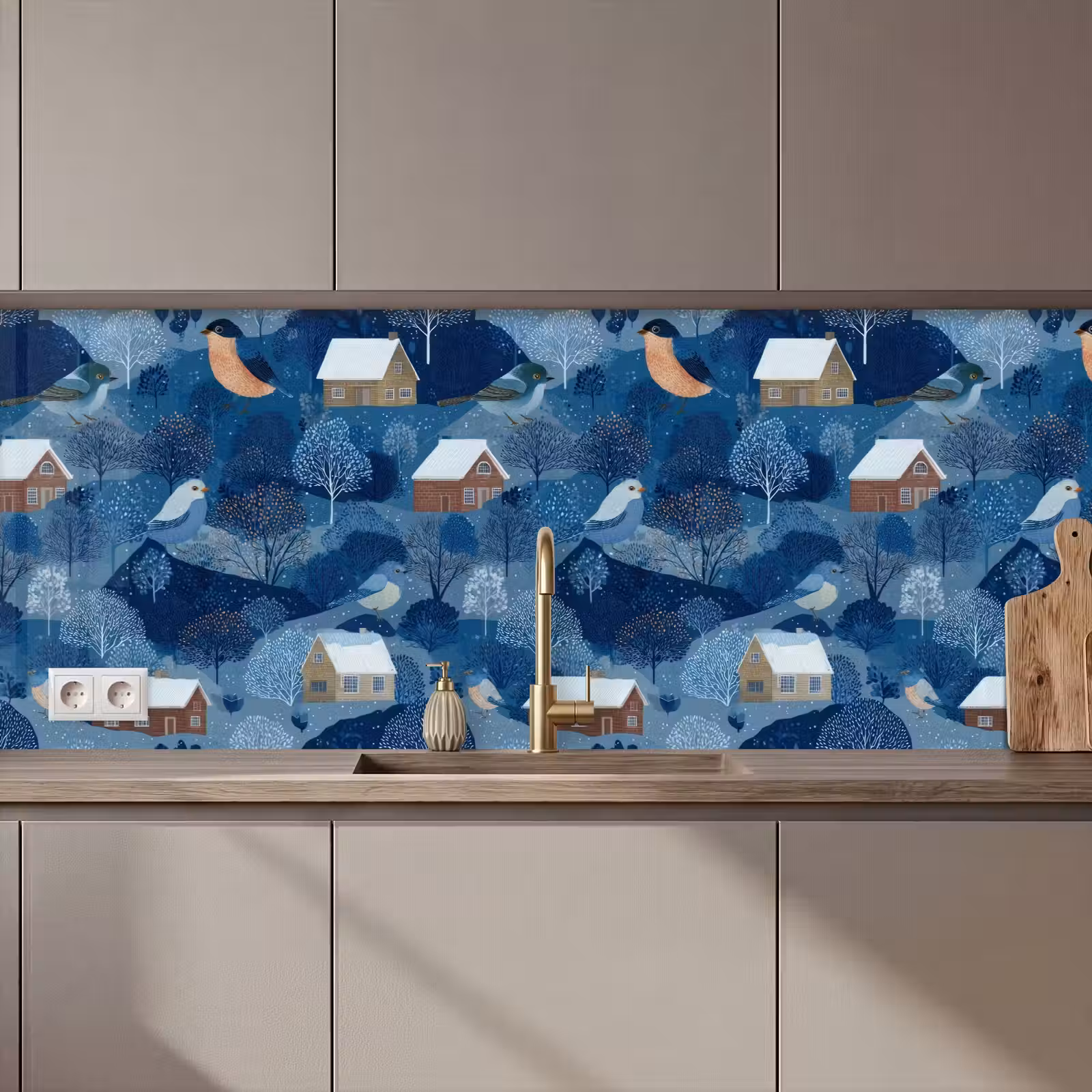 Keuken achterwand - Huisjes - Vogels - Sneeuw - Winter - Blauw — 1
