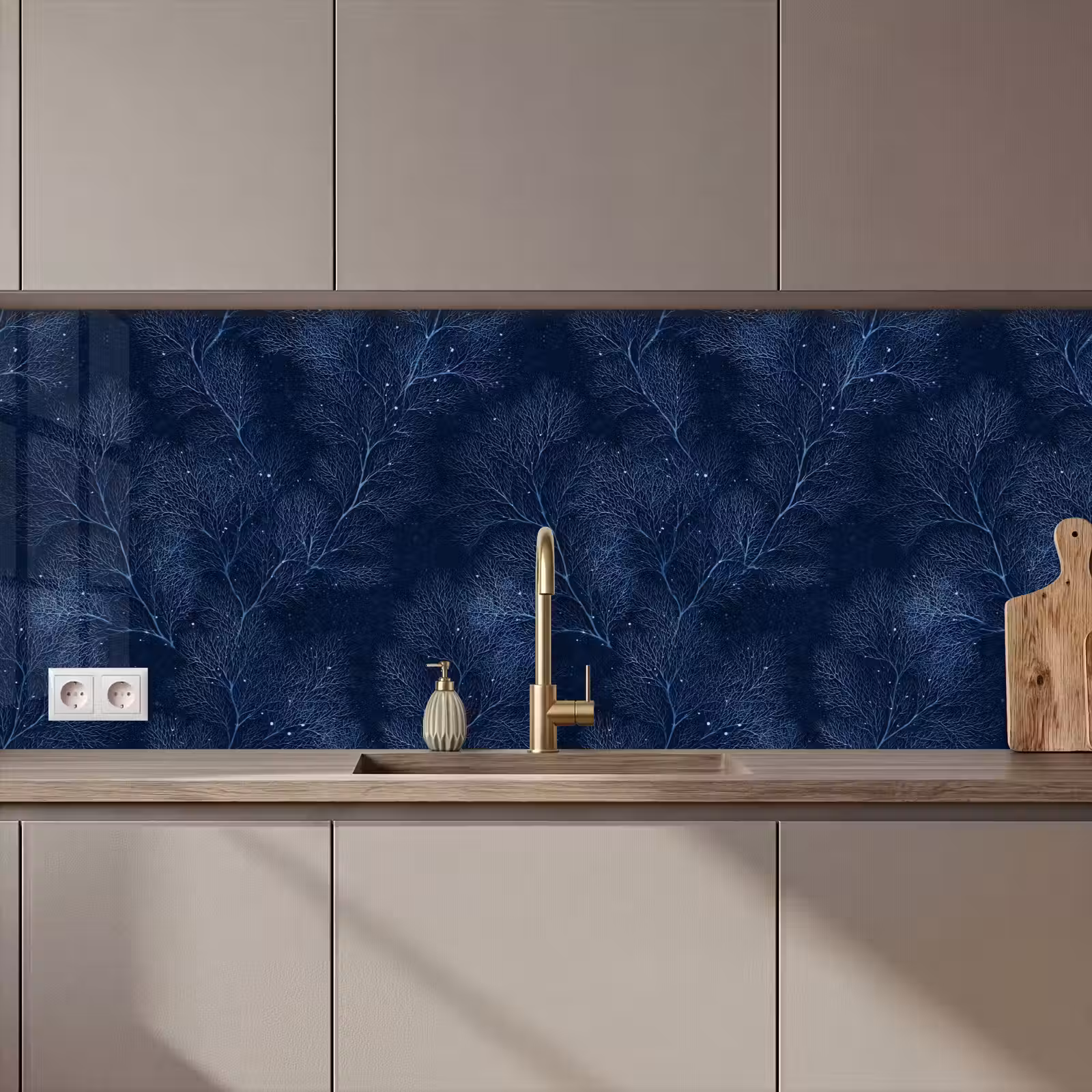 Keuken achterwand - Koraal - Takken - Patroon - Nachtblauw — 1
