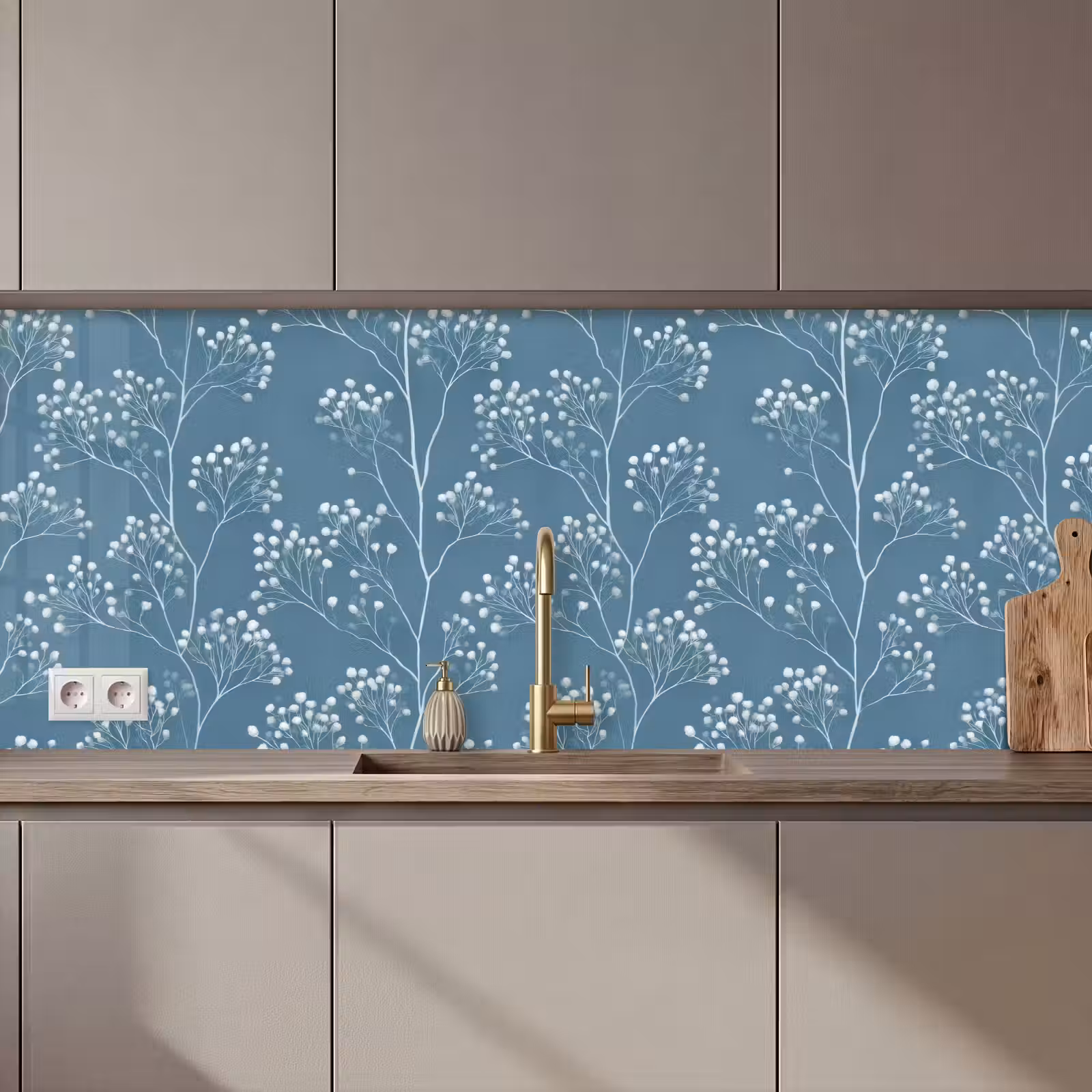 Keuken achterwand - Takken - Bessen - Patroon - Lichtblauw — 1