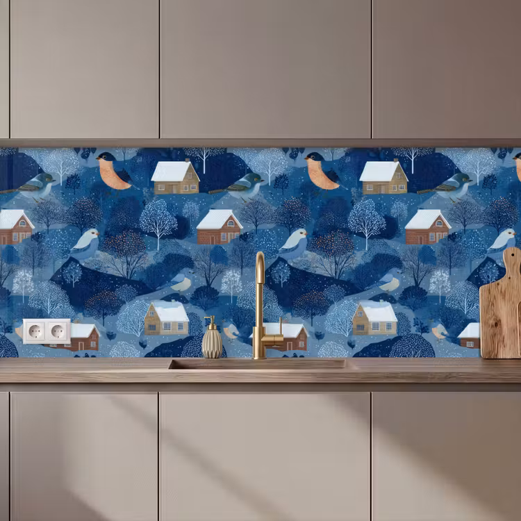 Keuken achterwand - Huisjes - Vogels - Sneeuw - Winter - Blauw — 1