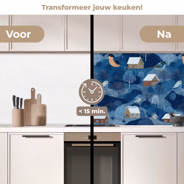 Keuken achterwand - Huisjes - Vogels - Sneeuw - Winter - Blauw — 2