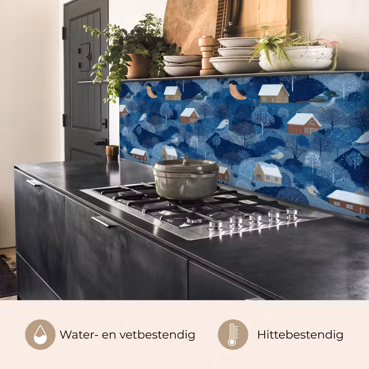 Keuken achterwand - Huisjes - Vogels - Sneeuw - Winter - Blauw — 3