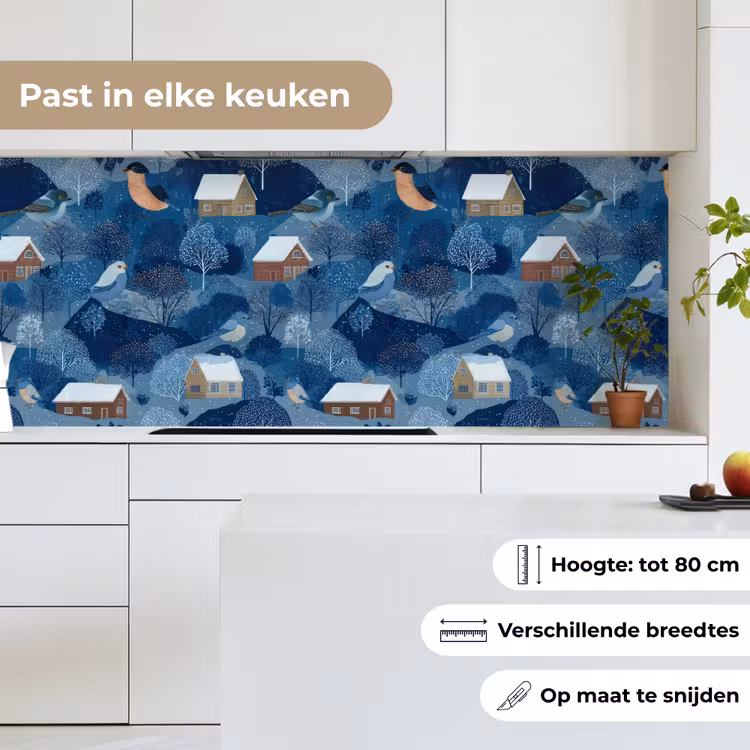 Keuken achterwand - Huisjes - Vogels - Sneeuw - Winter - Blauw — 4
