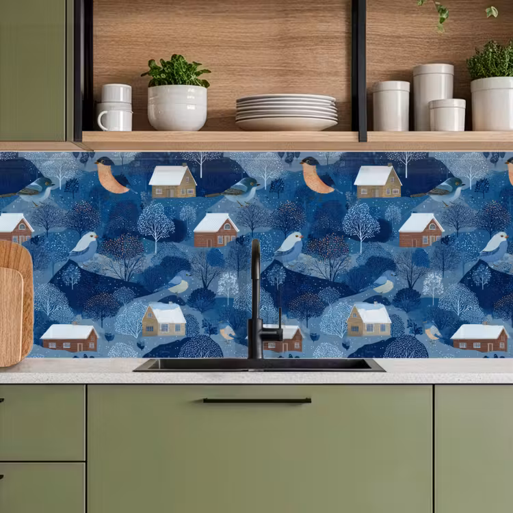 Keuken achterwand - Huisjes - Vogels - Sneeuw - Winter - Blauw — 5