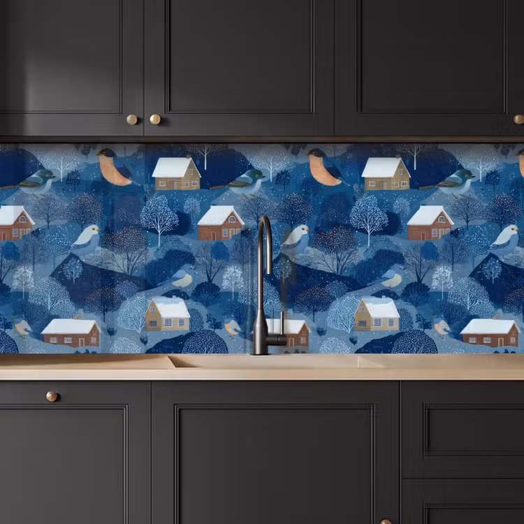Keuken achterwand - Huisjes - Vogels - Sneeuw - Winter - Blauw — 6
