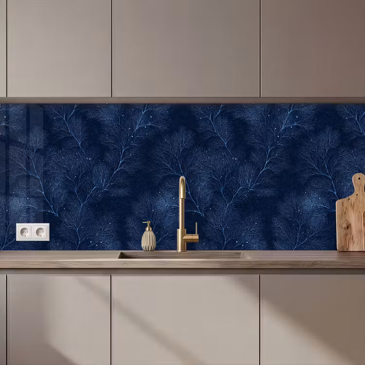 Keuken achterwand - Koraal - Takken - Patroon - Nachtblauw — 1