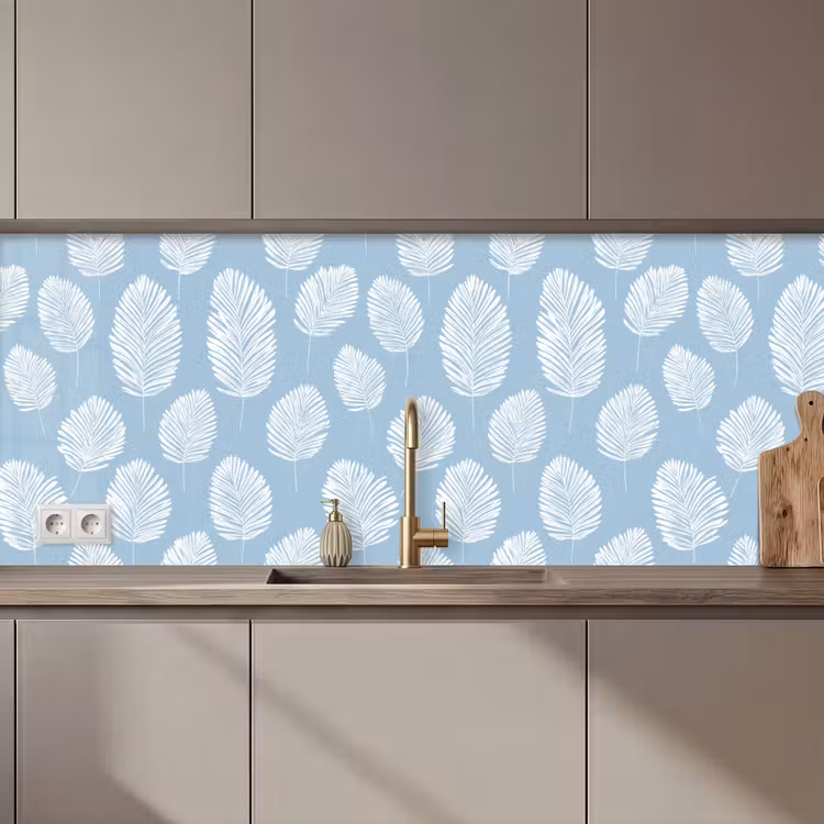Keuken achterwand - Palmbladeren - Naadloos - Patroon - Pastelblauw — 1