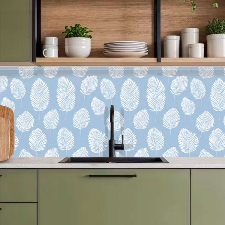 Keuken achterwand - Palmbladeren - Naadloos - Patroon - Pastelblauw — 5