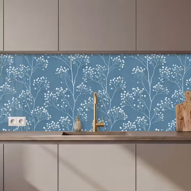 Keuken achterwand - Takken - Bessen - Patroon - Lichtblauw — 1