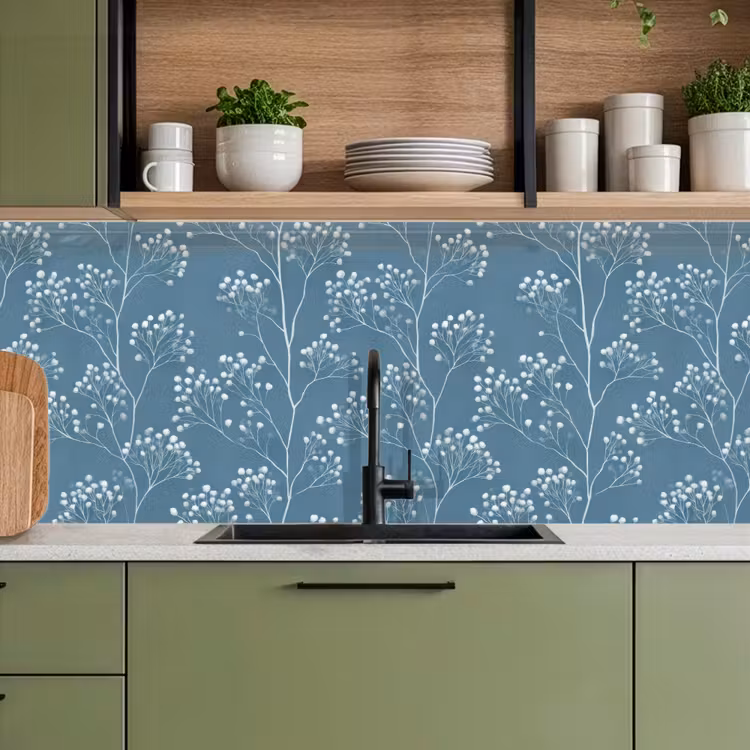 Keuken achterwand - Takken - Bessen - Patroon - Lichtblauw — 5