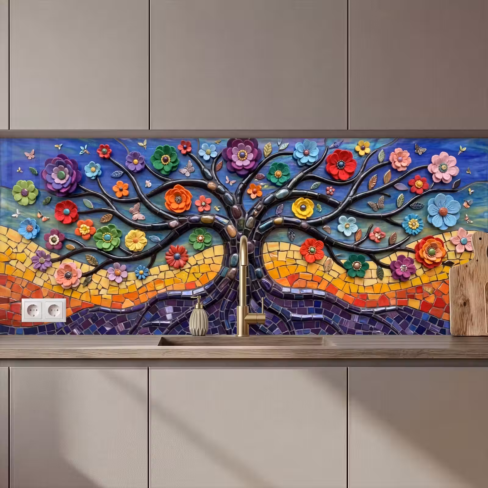 Keuken achterwand - Levensboom - Mozaïek - Bloemen - Kleurrijk - Vrolijk — 1