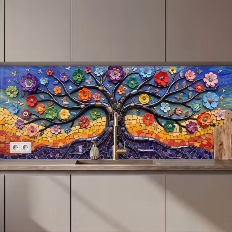 Keuken achterwand - Levensboom - Mozaïek - Bloemen - Kleurrijk - Vrolijk — 1