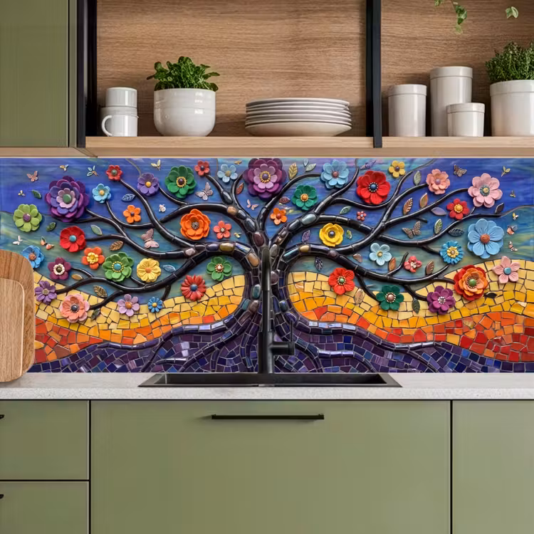 Keuken achterwand - Levensboom - Mozaïek - Bloemen - Kleurrijk - Vrolijk — 5