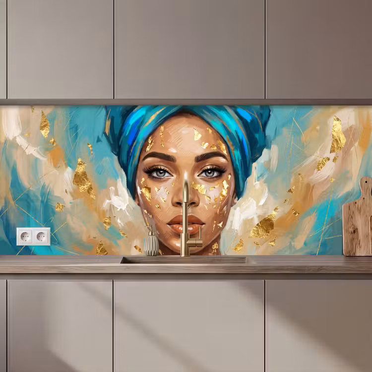 Keuken achterwand - Portret - Vrouw - Schilderij - Blauw - Goud - Expressief — 1