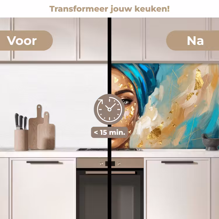 Keuken achterwand - Portret - Vrouw - Schilderij - Blauw - Goud - Expressief — 2