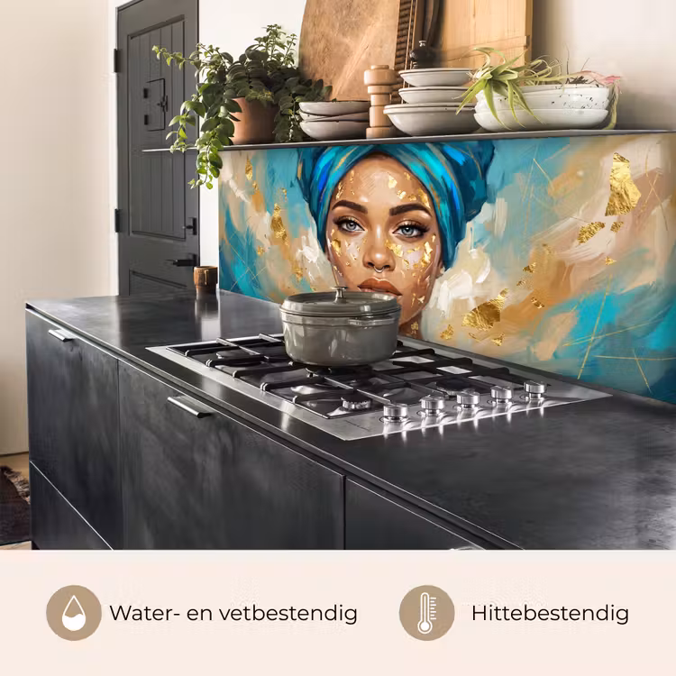 Keuken achterwand - Portret - Vrouw - Schilderij - Blauw - Goud - Expressief — 3