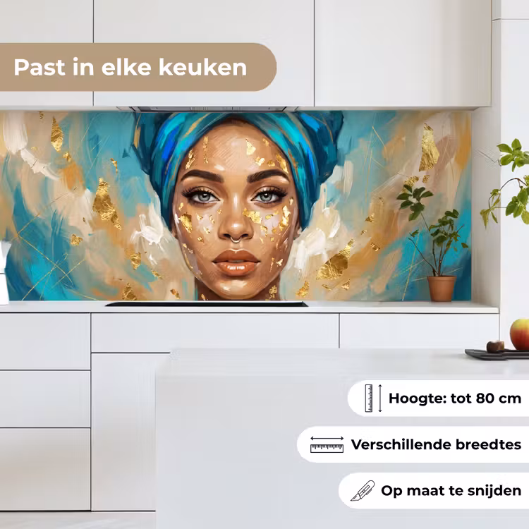 Keuken achterwand - Portret - Vrouw - Schilderij - Blauw - Goud - Expressief — 4