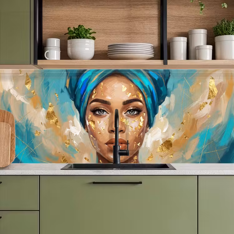 Keuken achterwand - Portret - Vrouw - Schilderij - Blauw - Goud - Expressief — 5