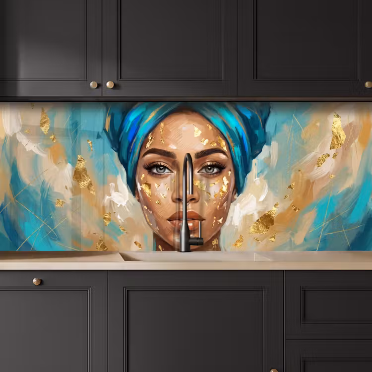 Keuken achterwand - Portret - Vrouw - Schilderij - Blauw - Goud - Expressief — 6