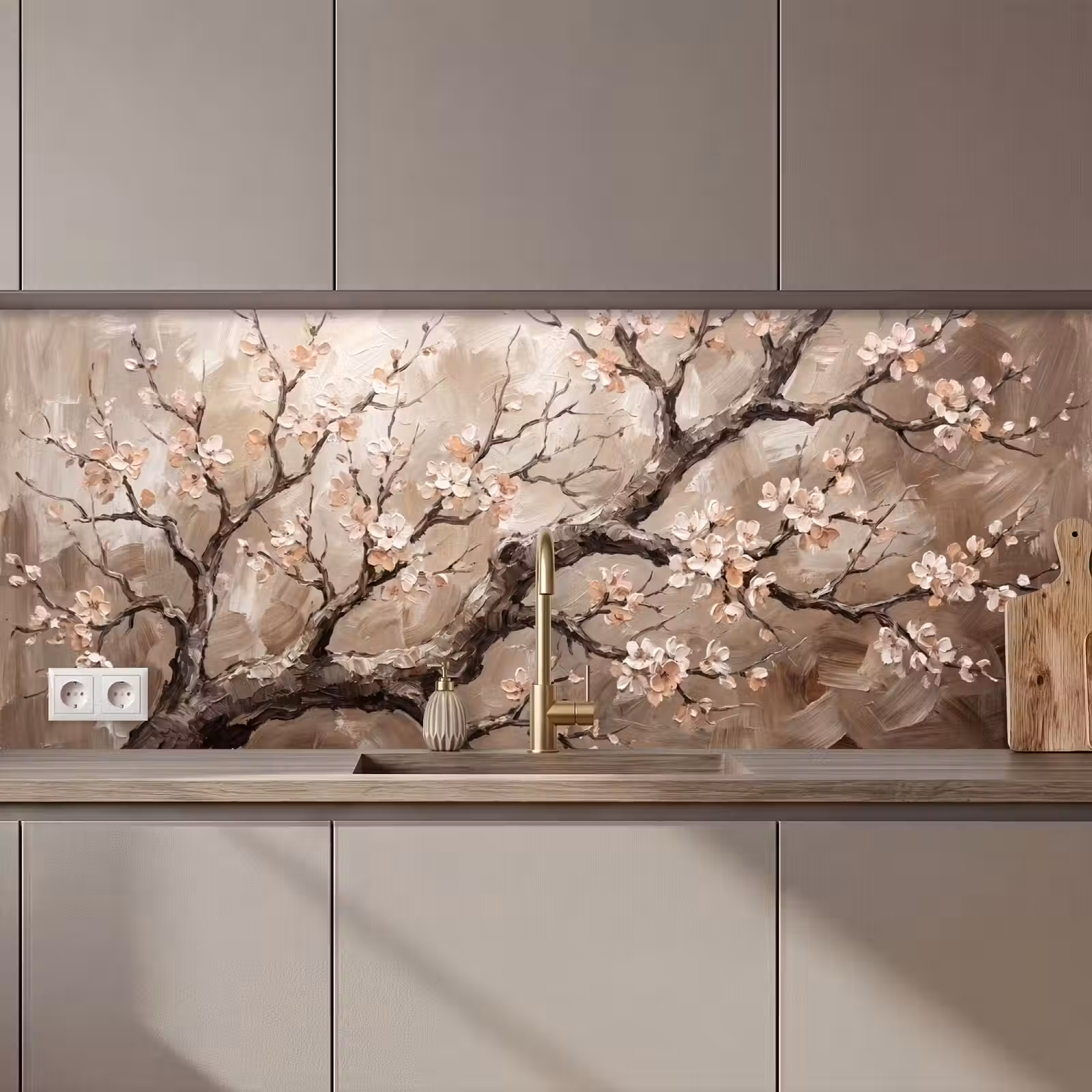 Keuken achterwand - Bloesem - Takken - Schilderij - Beige - Serene — 1