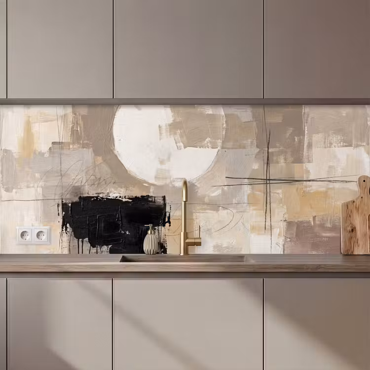 Keuken achterwand - Abstract - Cirkel - Modern - Beige - Zwart - Minimalistisch — 1
