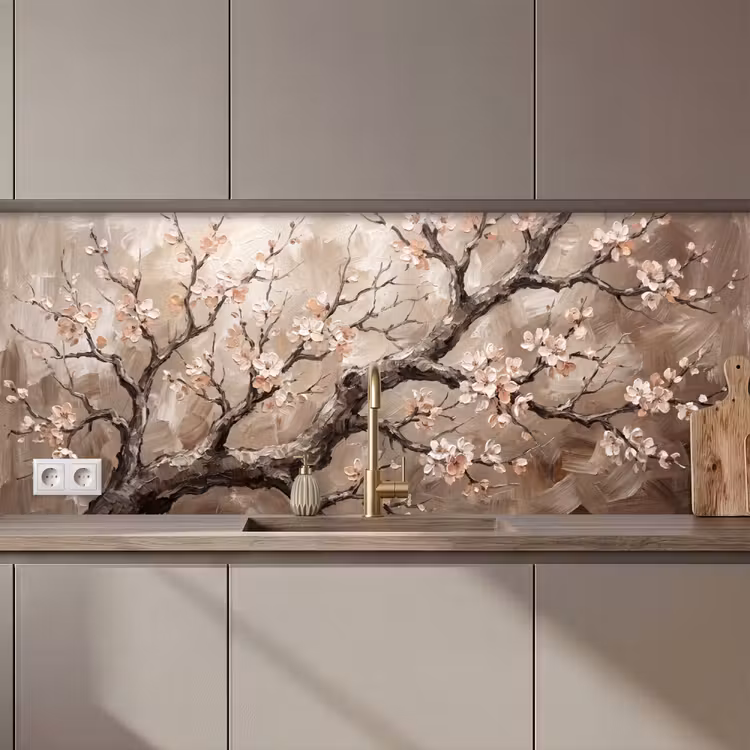 Keuken achterwand - Bloesem - Takken - Schilderij - Beige - Serene — 1