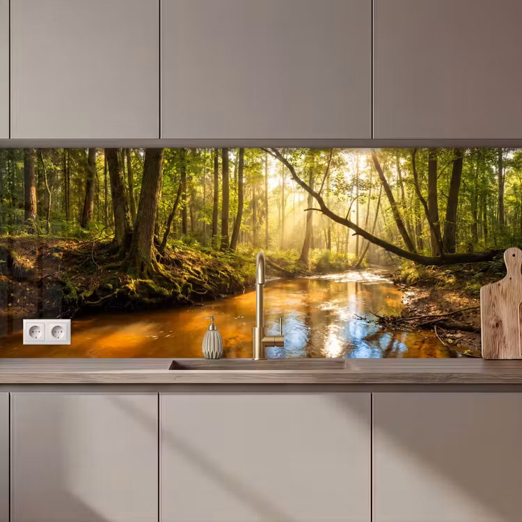 Keuken achterwand - Bos - Beek - Zonlicht - Natuur - Groen — 1