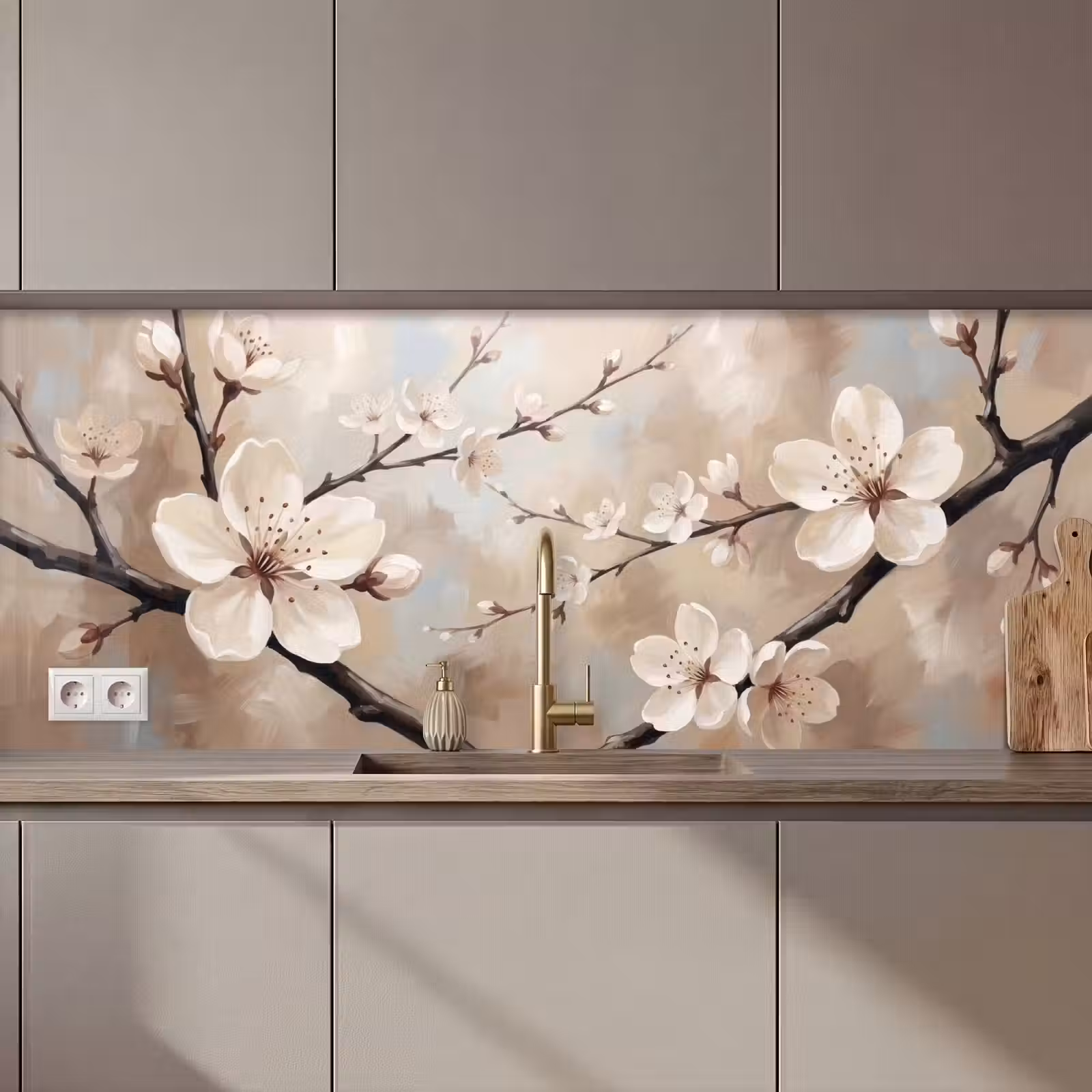 Keuken achterwand - Bloesem - Takken - Schilderij - Beige - Serene — 1