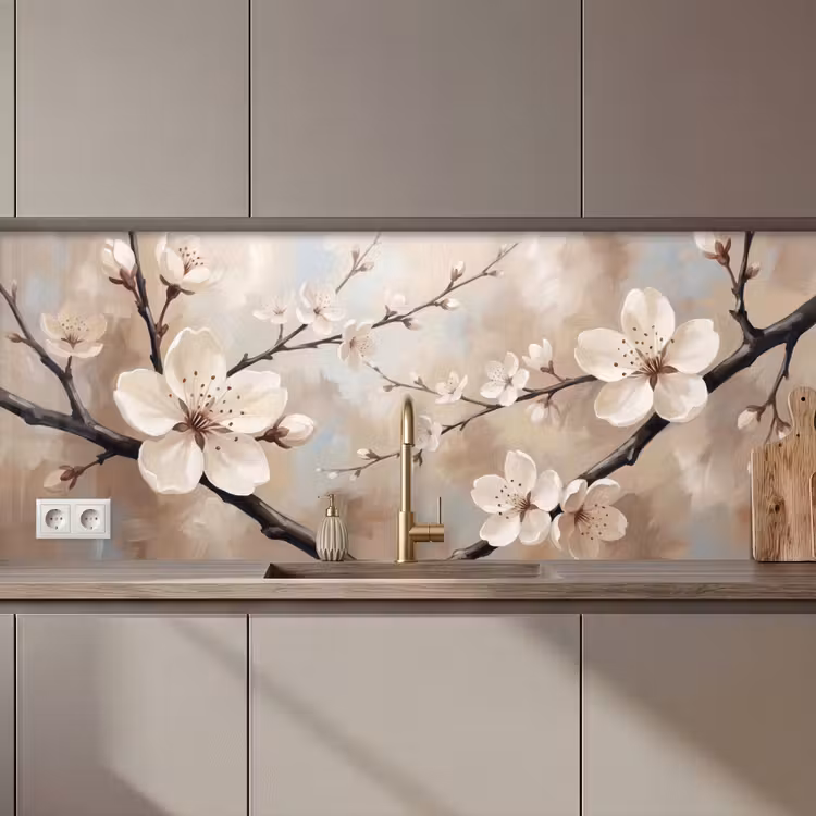 Keuken achterwand - Bloesem - Takken - Schilderij - Beige - Serene — 1
