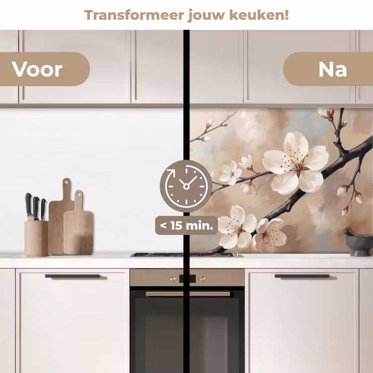 Keuken achterwand - Bloesem - Takken - Schilderij - Beige - Serene — 2