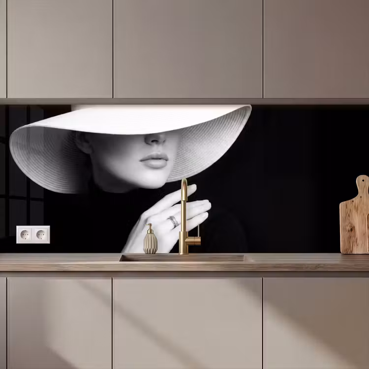 Keuken achterwand - Vrouw - Hoed - Hand - Zwart - Wit - Klassiek — 1