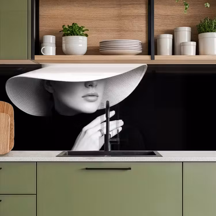 Keuken achterwand - Vrouw - Hoed - Hand - Zwart - Wit - Klassiek — 5