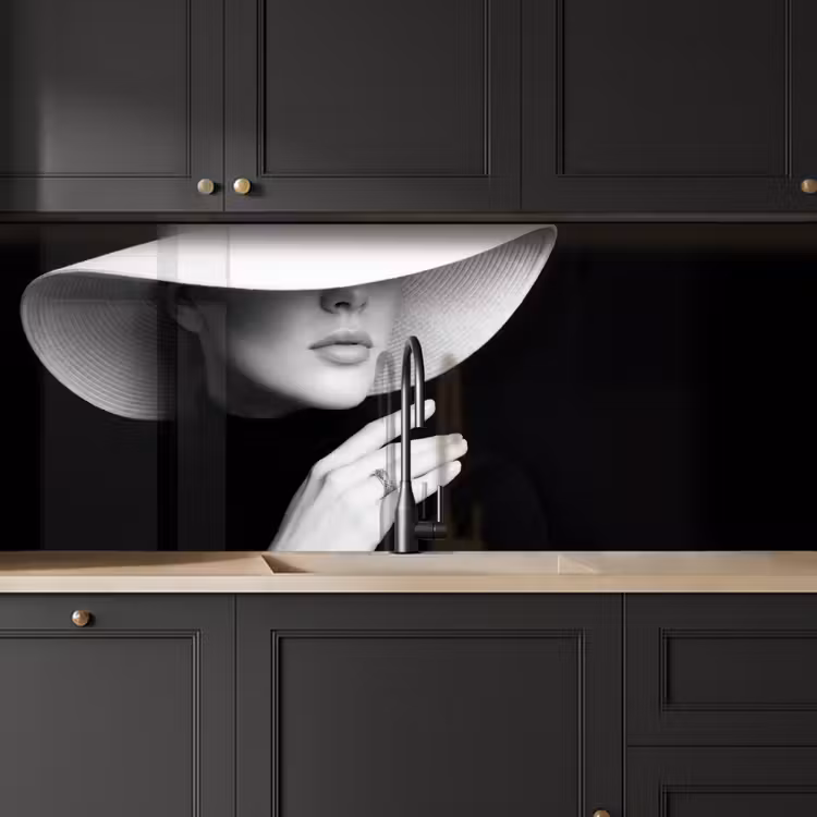 Keuken achterwand - Vrouw - Hoed - Hand - Zwart - Wit - Klassiek — 6