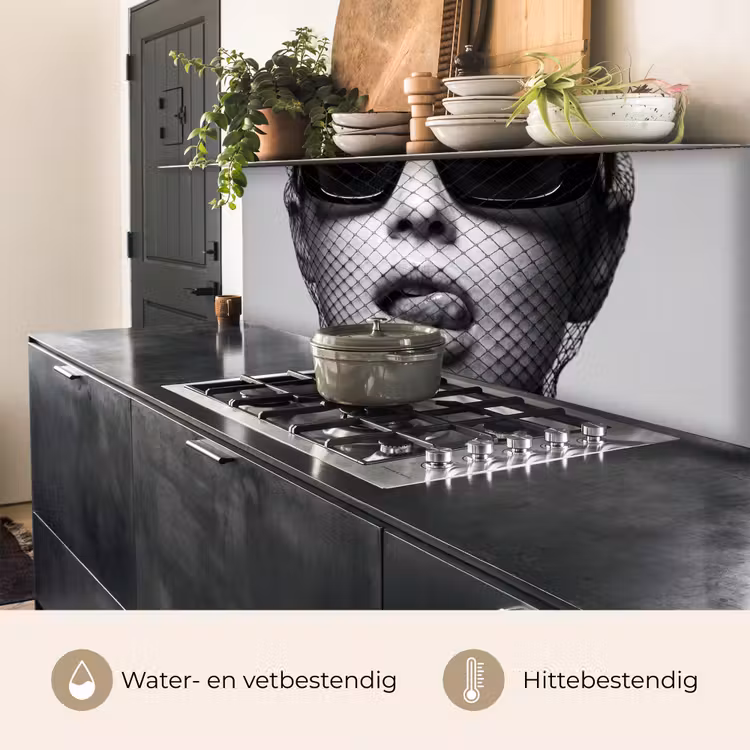 Keuken achterwand - Vrouw - Net - Mysterieus - Zwart - Wit — 3