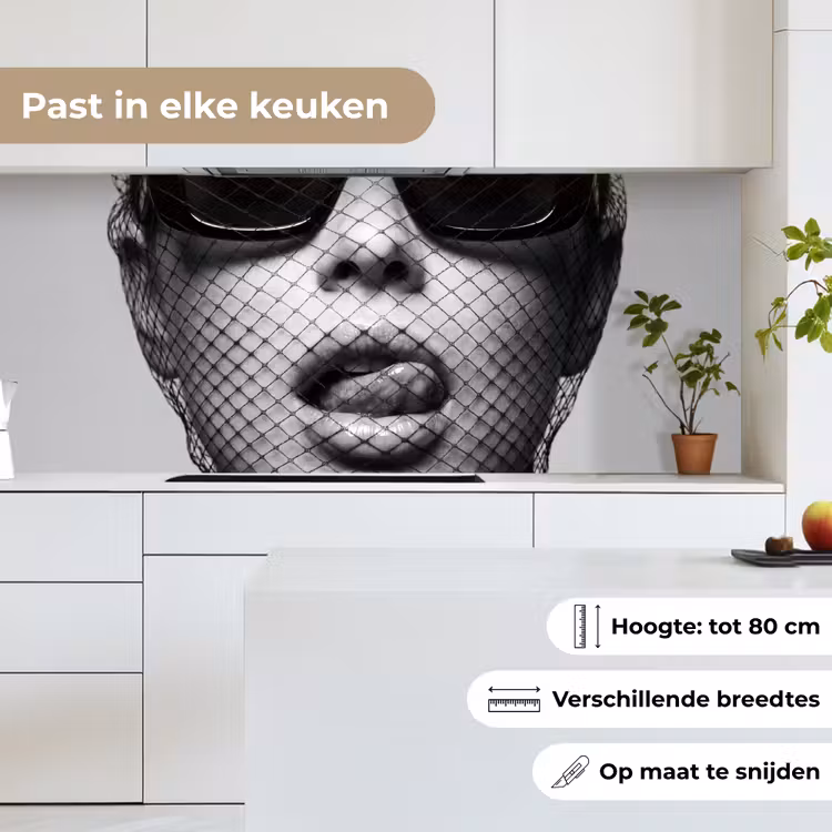 Keuken achterwand - Vrouw - Net - Mysterieus - Zwart - Wit — 4