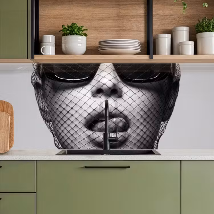Keuken achterwand - Vrouw - Net - Mysterieus - Zwart - Wit — 5