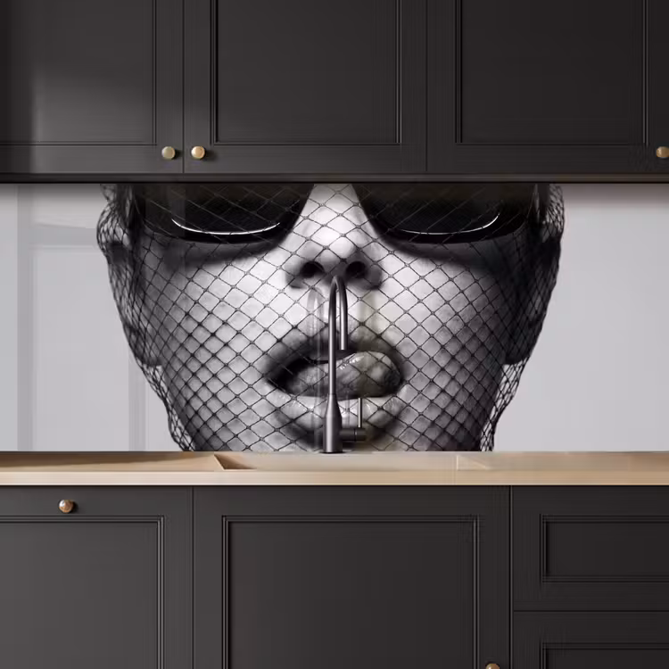 Keuken achterwand - Vrouw - Net - Mysterieus - Zwart - Wit — 6