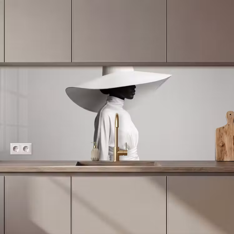 Keuken achterwand - Vrouw - Profiel - Hoed - Zwart - Wit - Minimalistisch — 1