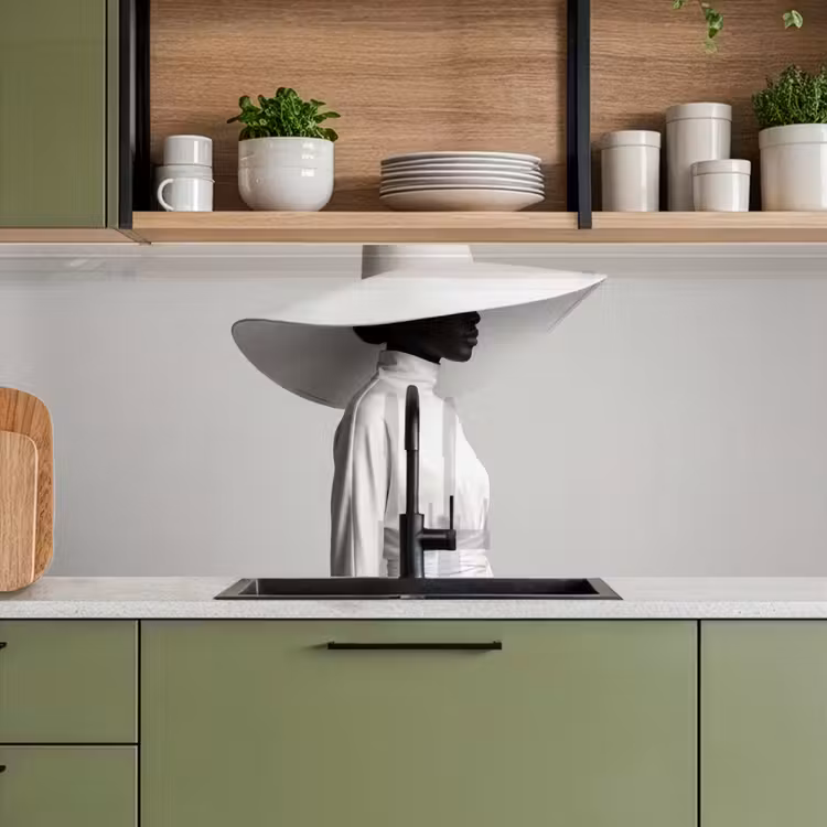Keuken achterwand - Vrouw - Profiel - Hoed - Zwart - Wit - Minimalistisch — 5