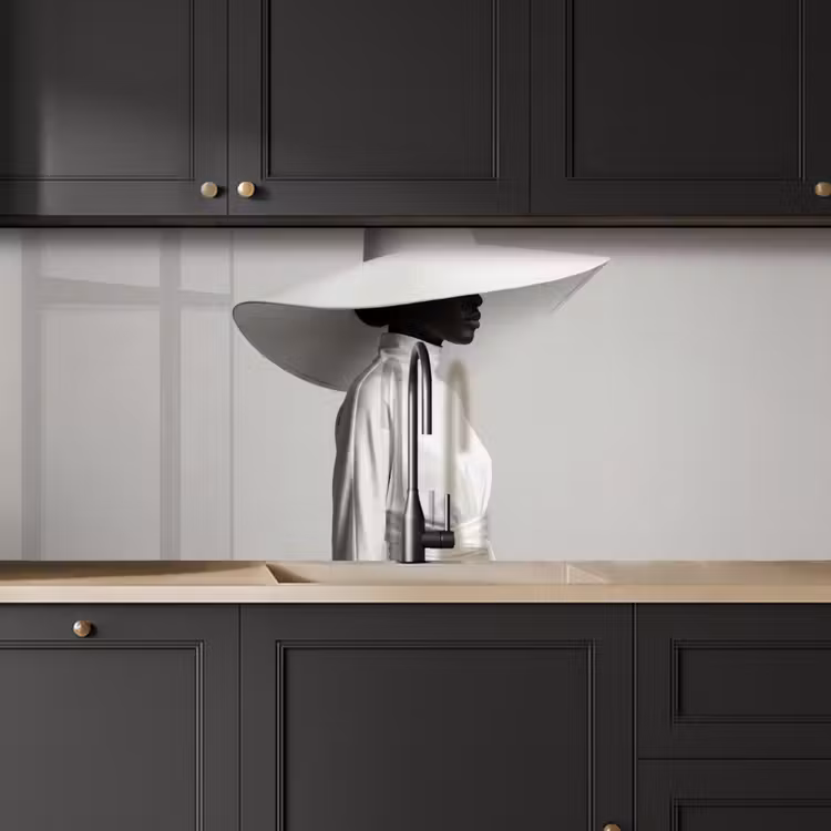 Keuken achterwand - Vrouw - Profiel - Hoed - Zwart - Wit - Minimalistisch — 6
