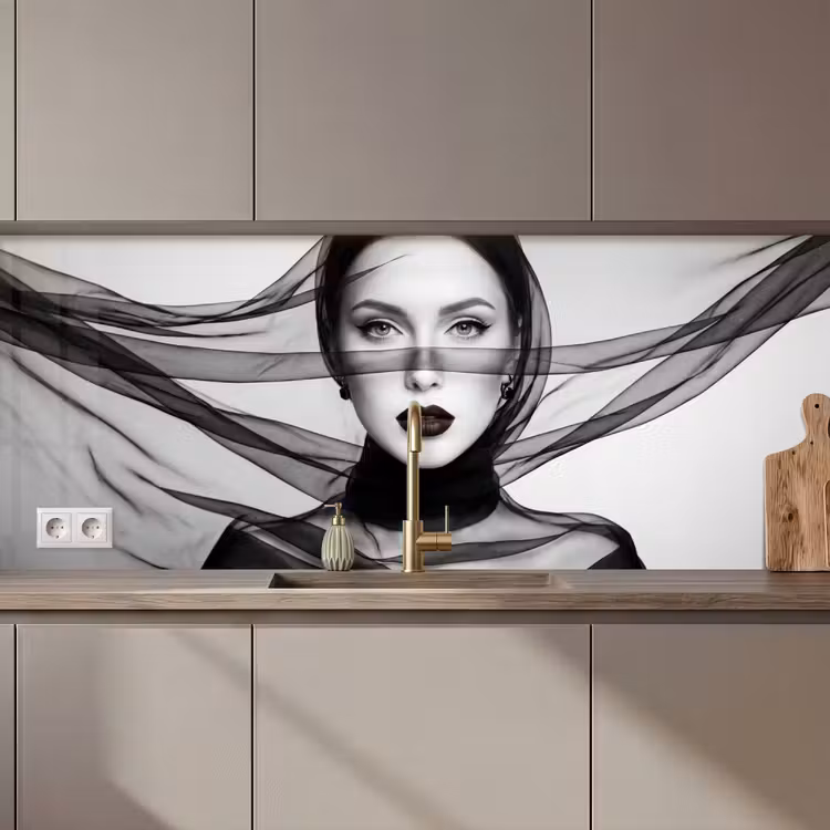 Keuken achterwand - Vrouw - Sluier - Portret - Zwart - Wit - Elegant — 1
