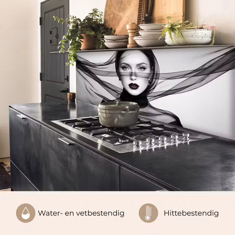 Keuken achterwand - Vrouw - Sluier - Portret - Zwart - Wit - Elegant — 3