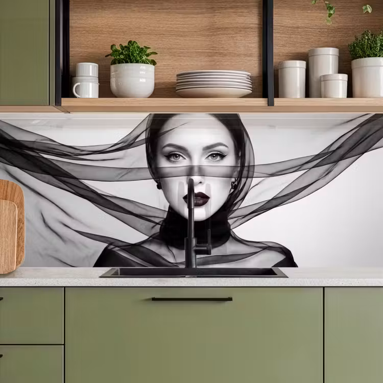 Keuken achterwand - Vrouw - Sluier - Portret - Zwart - Wit - Elegant — 5