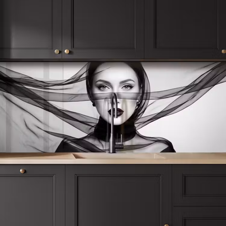 Keuken achterwand - Vrouw - Sluier - Portret - Zwart - Wit - Elegant — 6