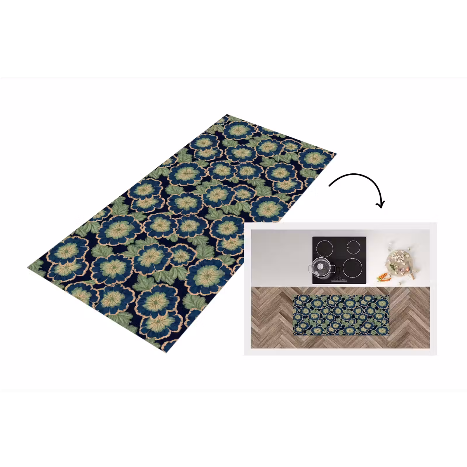 Keukenloper - Bloemen - Borduurwerk - Patroon - Blauw - Groen — 1