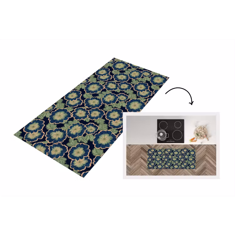 Keukenloper - Bloemen - Borduurwerk - Patroon - Blauw - Groen — 1