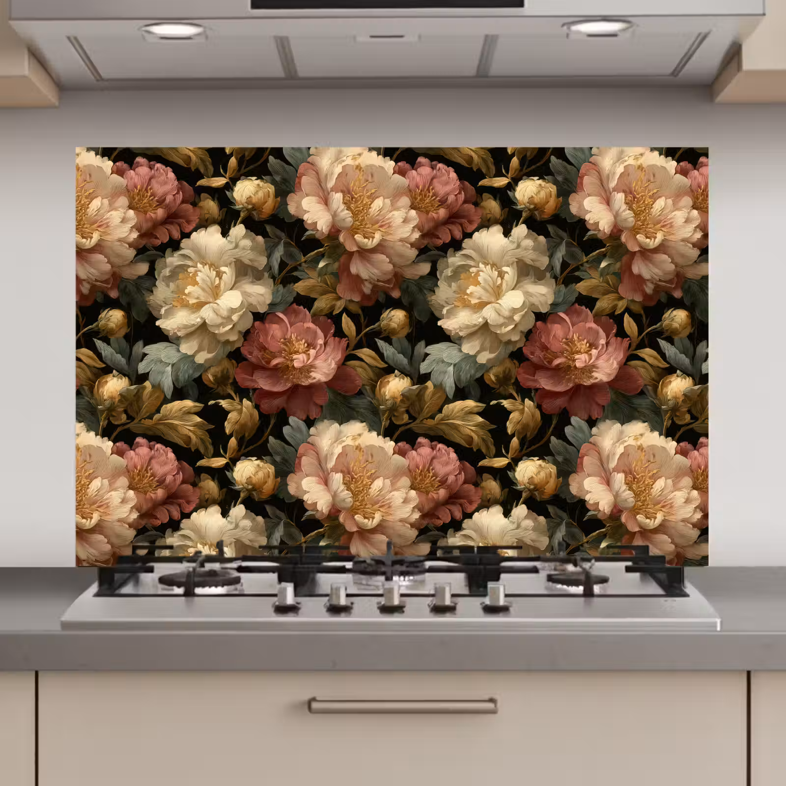 Spatscherm keuken - Bloemen - Barok - Patroon - Roze - Crème — 1