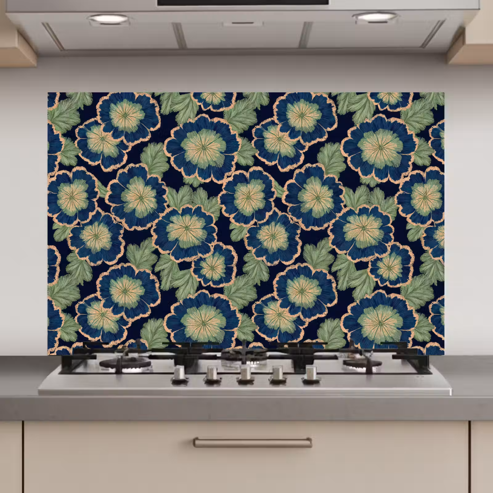 Spatscherm keuken - Bloemen - Borduurwerk - Patroon - Blauw - Groen — 1